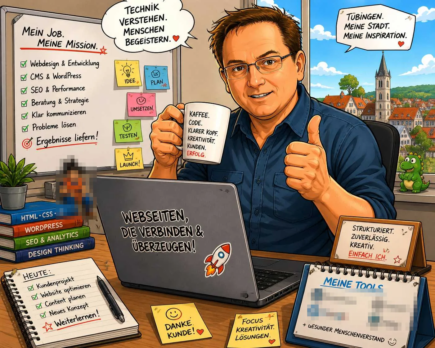 Illustration: Jörg Pfeiffer am Schreibtisch mit Kaffeetasse und Daumen hoch, im Fenster die Tübinger Altstadt